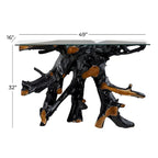 Teak Wood Live Edge Tree Stump Console Table with Clear Glass Top - Black - Roche River Decor - 16W x 49L x 32H