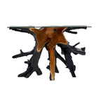 Teak Wood Live Edge Tree Stump Console Table with Clear Glass Top - Black - Roche River Decor - 16W x 49L x 32H