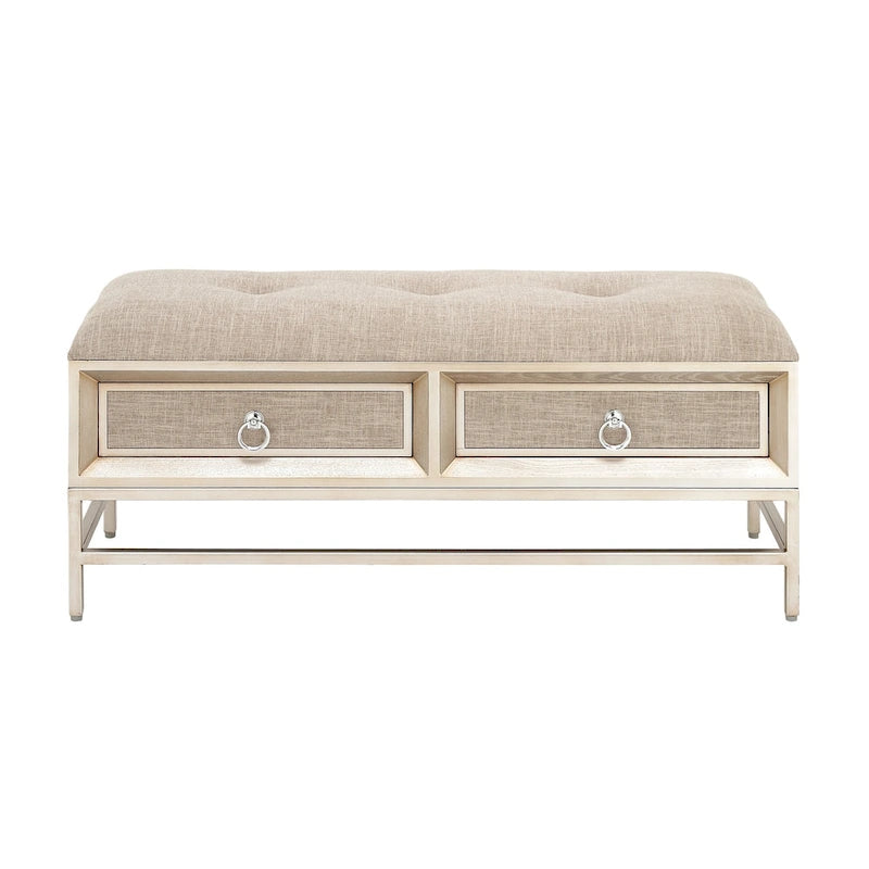 Linen Fabric Upholstered 2 Drawer Storage Bench with Tufted Seat and Ring Handles - Beige - Roche River Decor