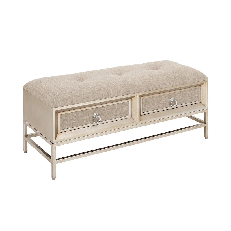Linen Fabric Upholstered 2 Drawer Storage Bench with Tufted Seat and Ring Handles - Beige - Roche River Decor