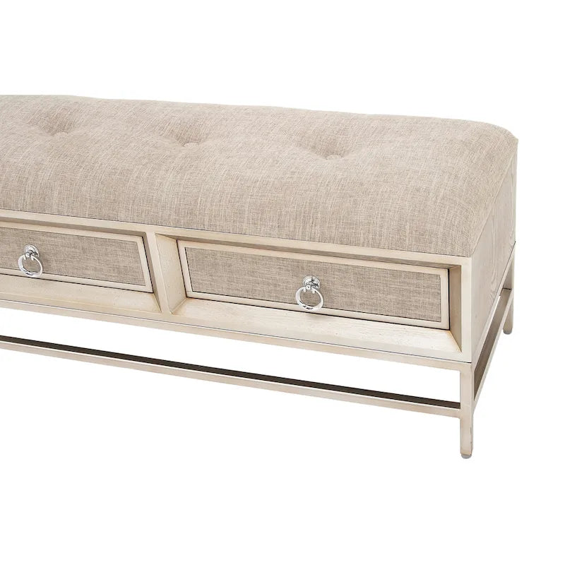 Linen Fabric Upholstered 2 Drawer Storage Bench with Tufted Seat and Ring Handles - Beige - Roche River Decor