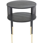 Tavolino o tavolino da caffè con struttura aperta in metallo geometrico, 1 ripiano e gambe dorate con decorazioni in roccia nera