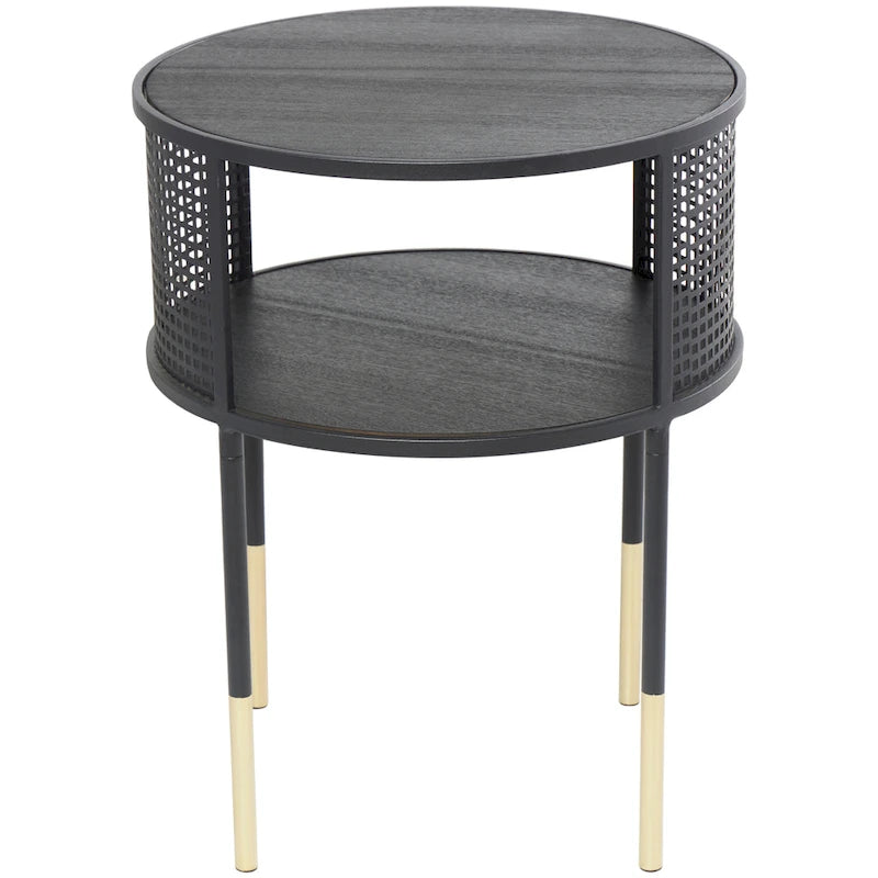 Tavolino o tavolino da caffè con struttura aperta in metallo geometrico, 1 ripiano e gambe dorate con decorazioni in roccia nera