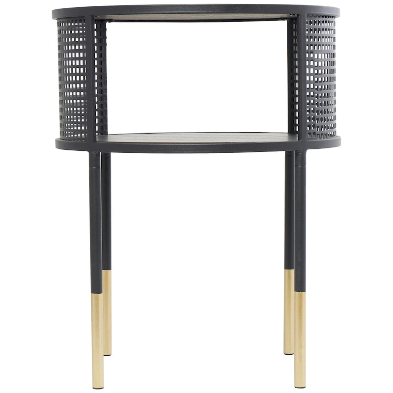 Tavolino o tavolino da caffè con struttura aperta in metallo geometrico, 1 ripiano e gambe dorate con decorazioni in roccia nera