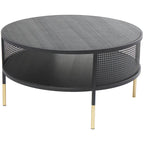 Tavolino o tavolino da caffè con struttura aperta in metallo geometrico, 1 ripiano e gambe dorate con decorazioni in roccia nera