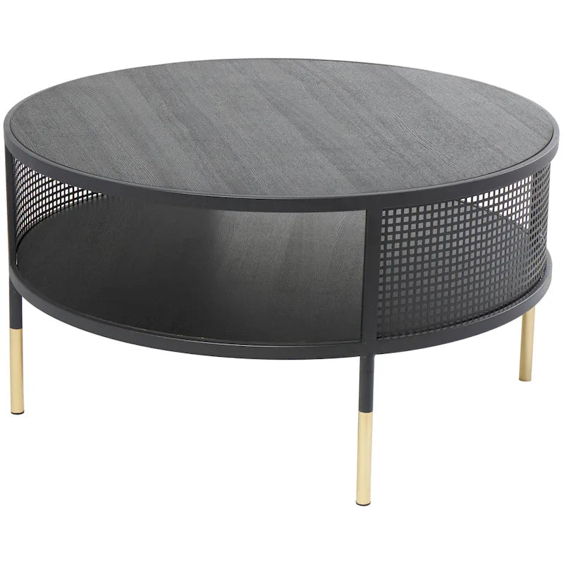 Tavolino o tavolino da caffè con struttura aperta in metallo geometrico, 1 ripiano e gambe dorate con decorazioni in roccia nera