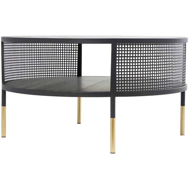Tavolino o tavolino da caffè con struttura aperta in metallo geometrico, 1 ripiano e gambe dorate con decorazioni in roccia nera