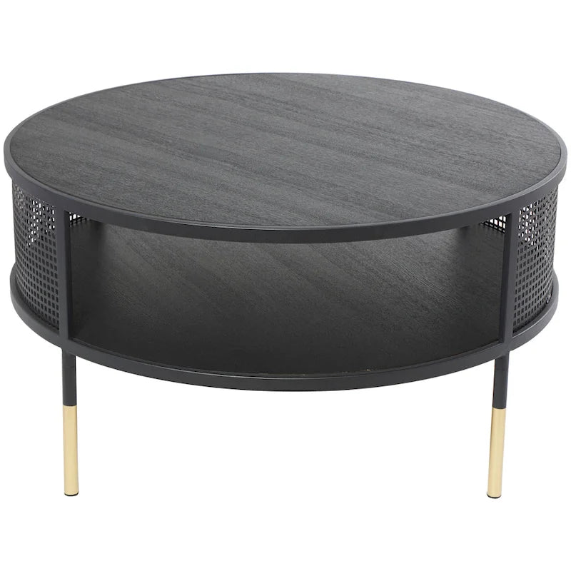 Tavolino o tavolino da caffè con struttura aperta in metallo geometrico, 1 ripiano e gambe dorate con decorazioni in roccia nera
