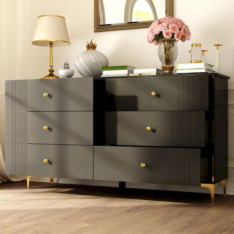White Lacquer Dresser 6 Drawer Dresser with Metal Handle and Legs