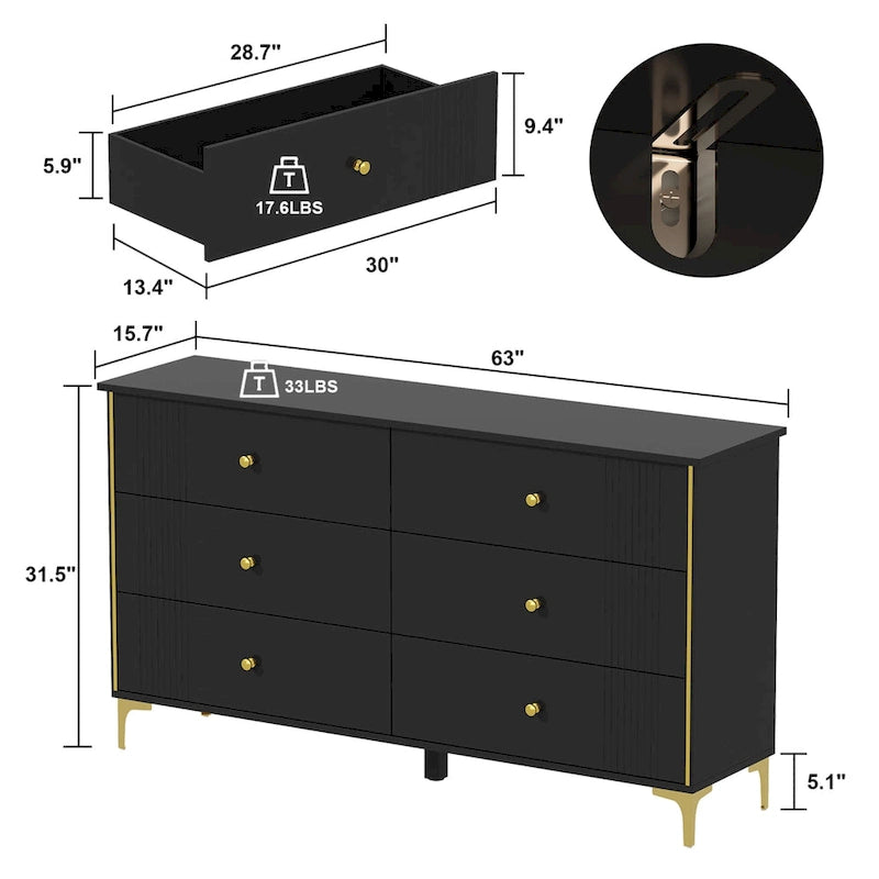 White Lacquer Dresser 6 Drawer Dresser with Metal Handle and Legs