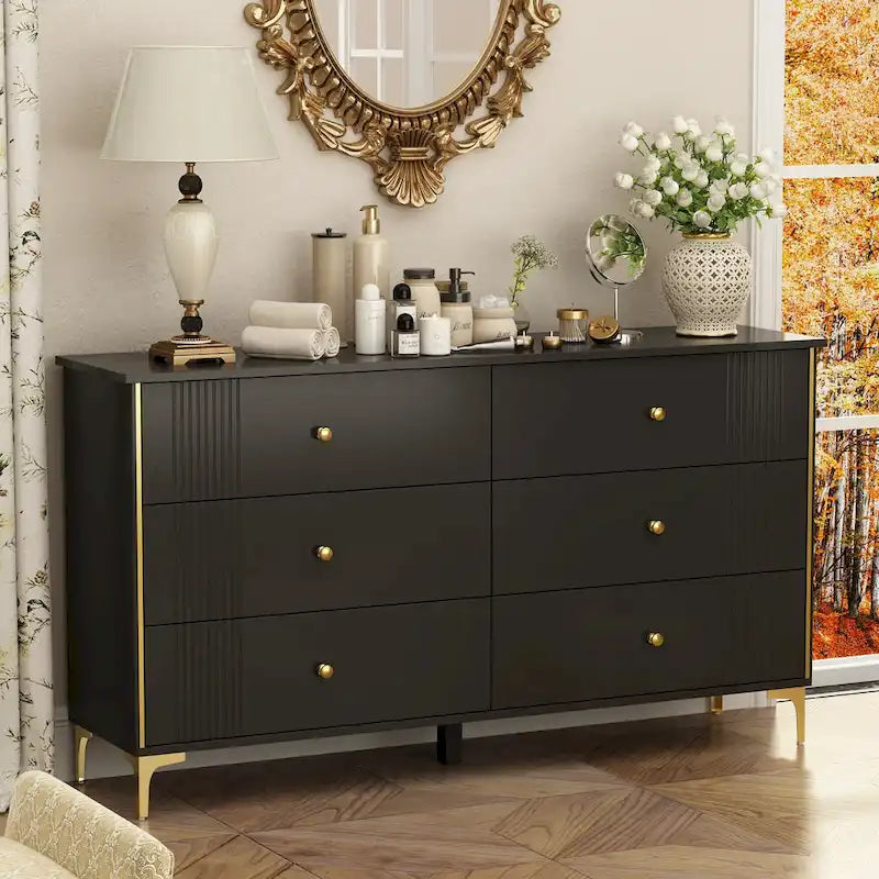 White Lacquer Dresser 6 Drawer Dresser with Metal Handle and Legs