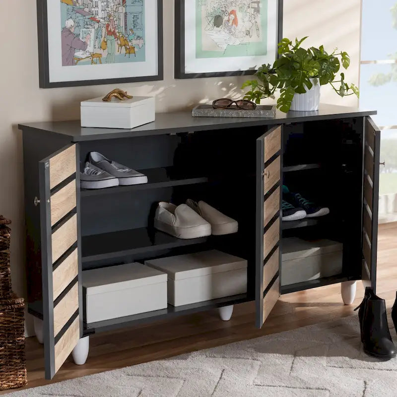Contemporary 3-door Slatted Wood 14-pair Shoe Storage Cabinet