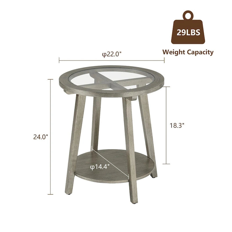 COSIEST 2-Tier Silver Round Glass Table for Living Room - 22 W x 22 D x 24H