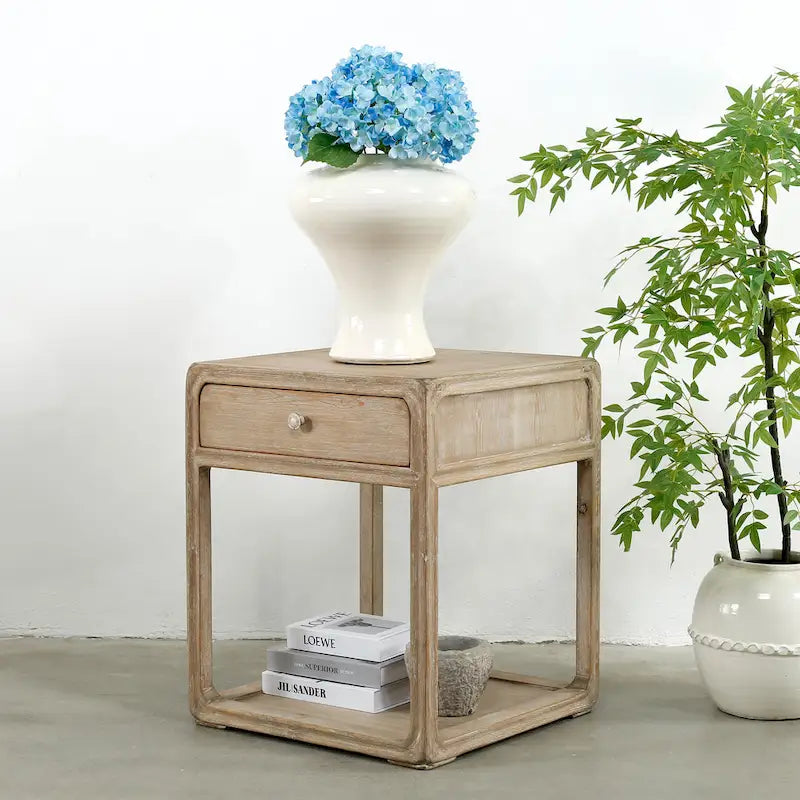 Artissance Peking Square Side Table w/Drawer, 27Inch Tall, White Wash