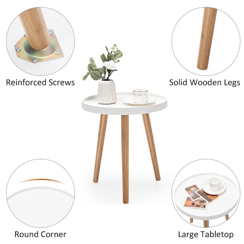 Round Side Table End Table with Wooden Tray Sturdy Sofa Beside Table