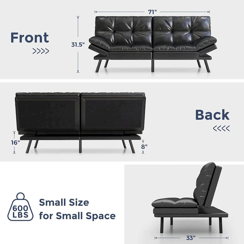 Divano Letto Futon, Divano Pieghevole in Memory Foam Convertibile per Due Posti Letto con Braccioli Regolabili per Piccoli Spazi