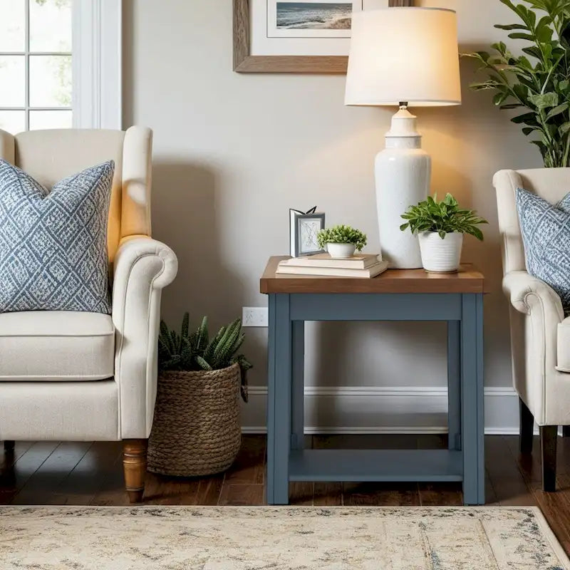 Bridgevine Home Nantucket 24 inch Side Table, No Assembly Required, Blue Denim and Whiskey Finish