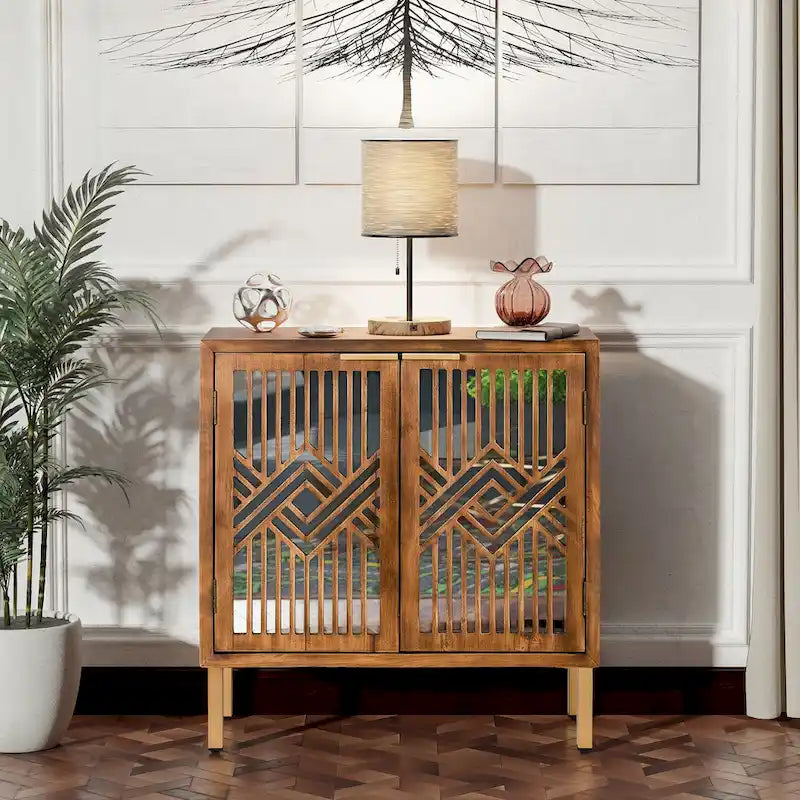 COZAYH Mirror Fronts Rustic Farmhouse Accent Cabinet with Geometric Overlays