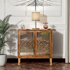 COZAYH Mirror Fronts Rustic Farmhouse Accent Cabinet with Geometric Overlays