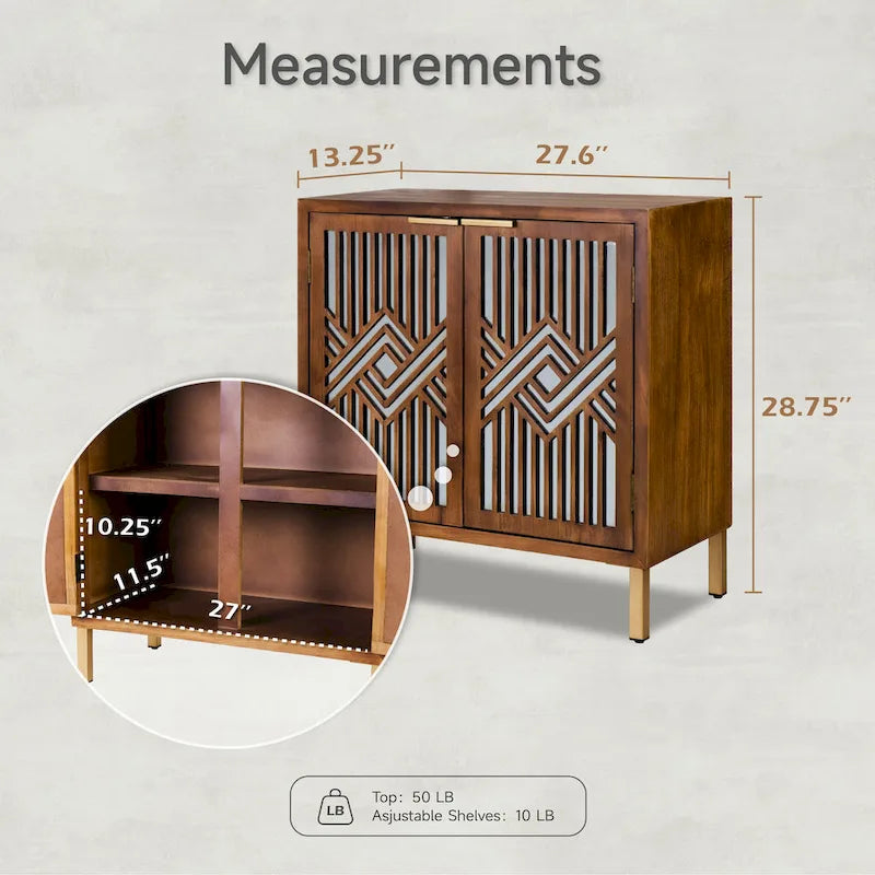 COZAYH Mirror Fronts Rustic Farmhouse Accent Cabinet with Geometric Overlays