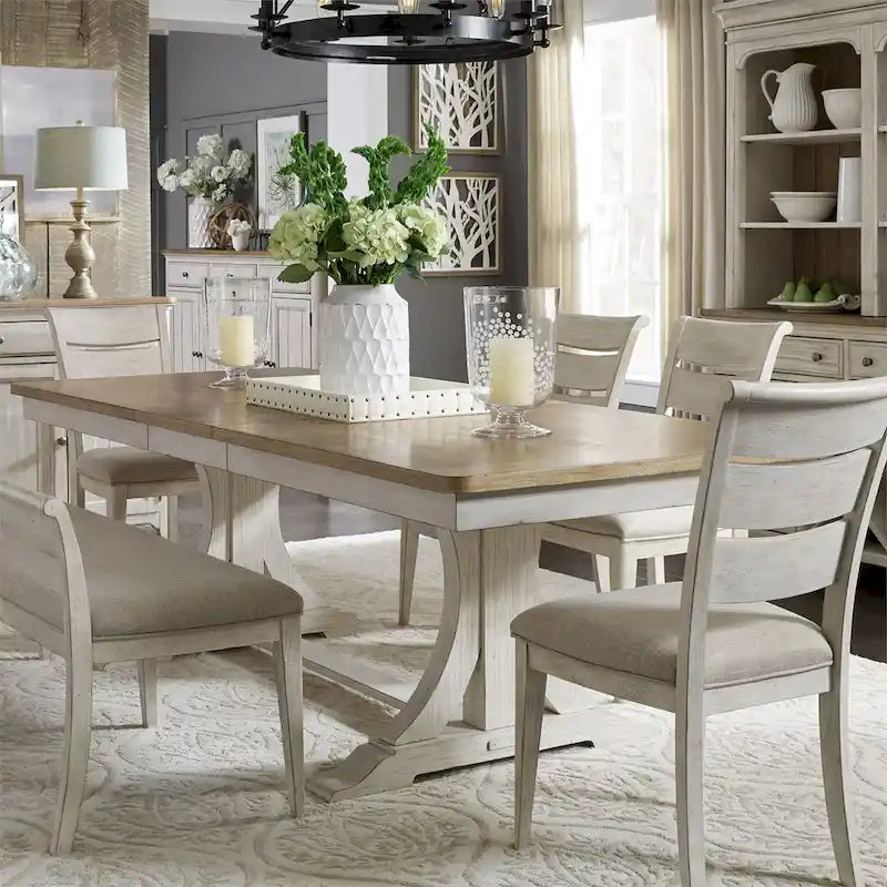 Farmhouse Reimagined Antique White with Chestnut Opt 5 Piece Trestle Table Set