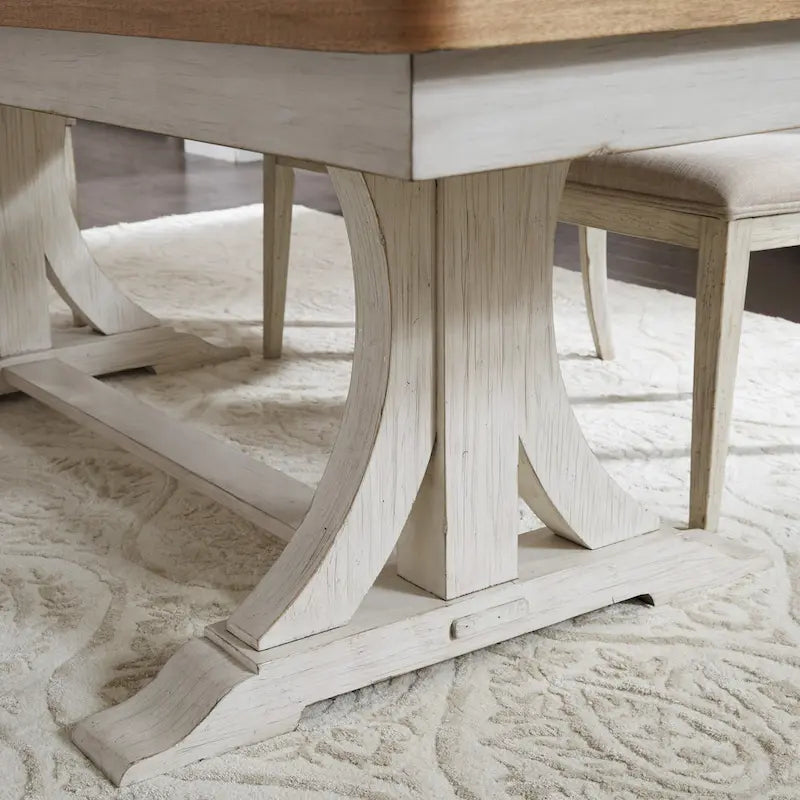 Farmhouse Reimagined Antique White with Chestnut Opt 5 Piece Trestle Table Set