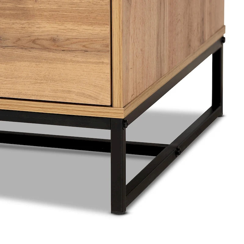 Franklin Oak Brown Wood and Black Metal 2-Drawer Coffee Table