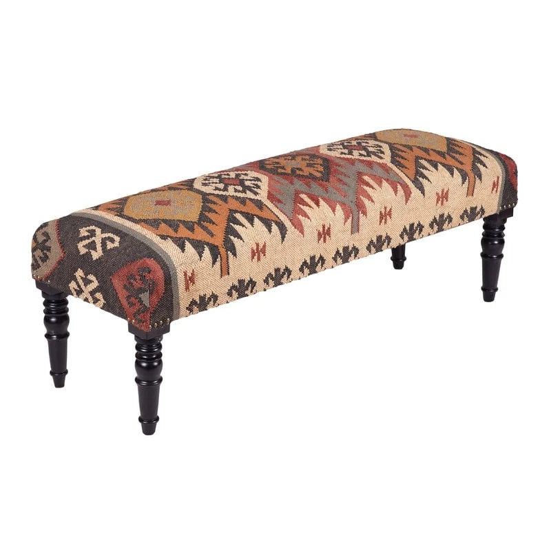 Handmade Kilim Upholstered Wooden Bench (India) - 48 L x 16 W x 18 H