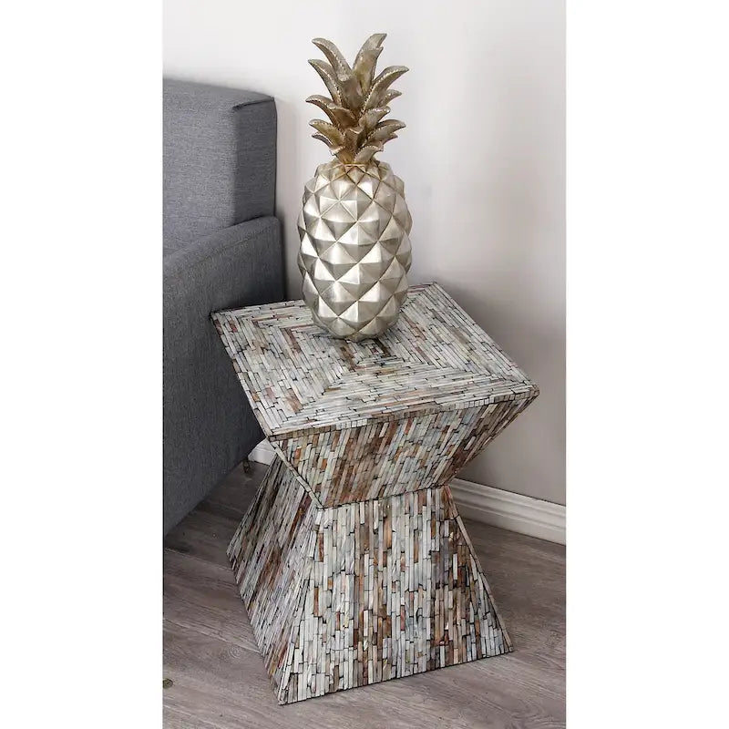 Mother of Pearl Shell Handmade Hourglass Shaped Accent Table - Gray or Beige - Roche River Decor