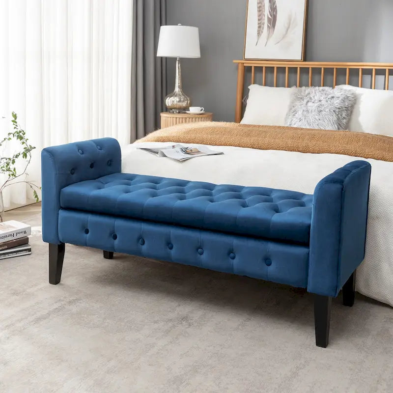 Porthos Home Brett Velvet Storage Bench with Rubberwood Legs