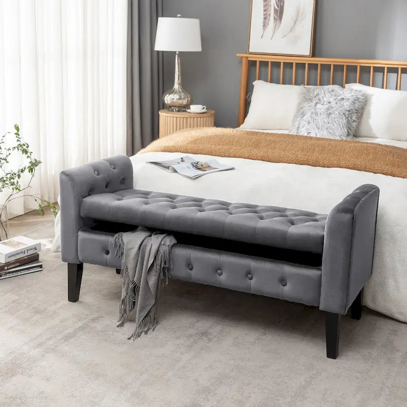 Porthos Home Brett Velvet Storage Bench with Rubberwood Legs