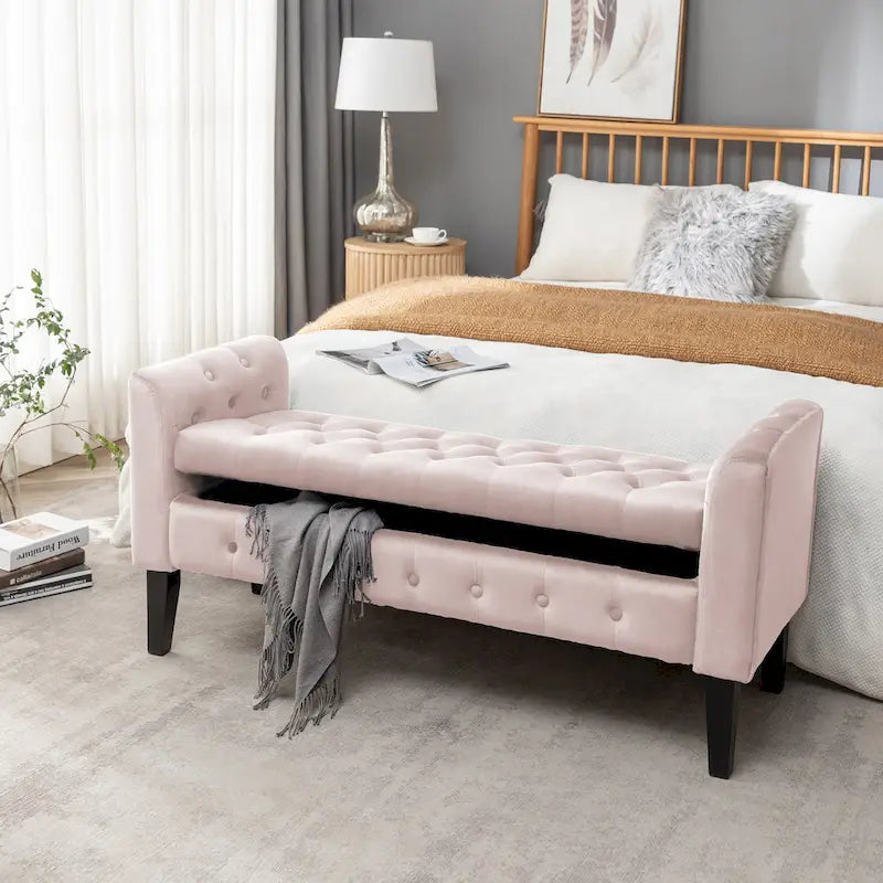 Porthos Home Brett Velvet Storage Bench with Rubberwood Legs