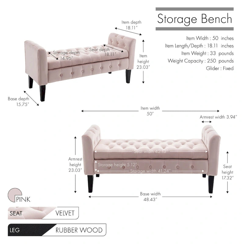 Porthos Home Brett Velvet Storage Bench with Rubberwood Legs
