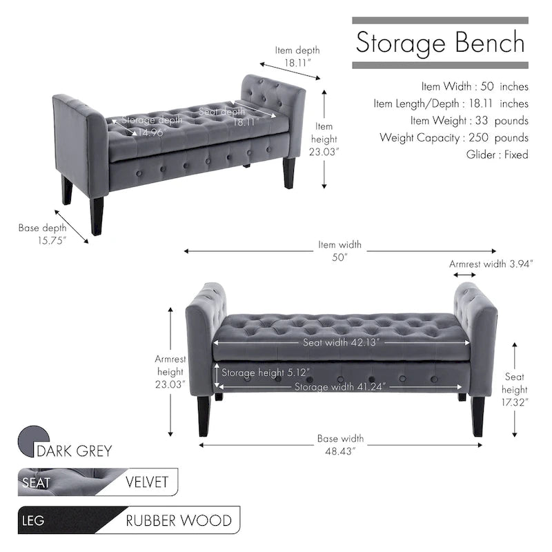Porthos Home Brett Velvet Storage Bench with Rubberwood Legs