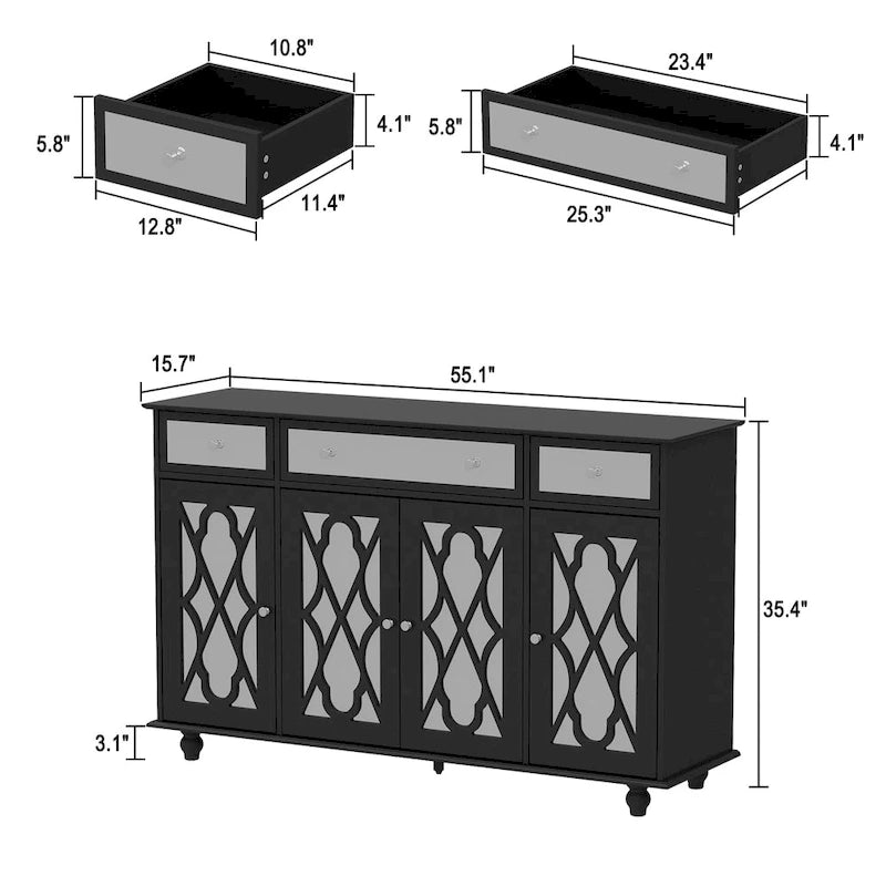55W Mirrored Credenza Sideboards Buffets Cabinet Bookcase Living Room
