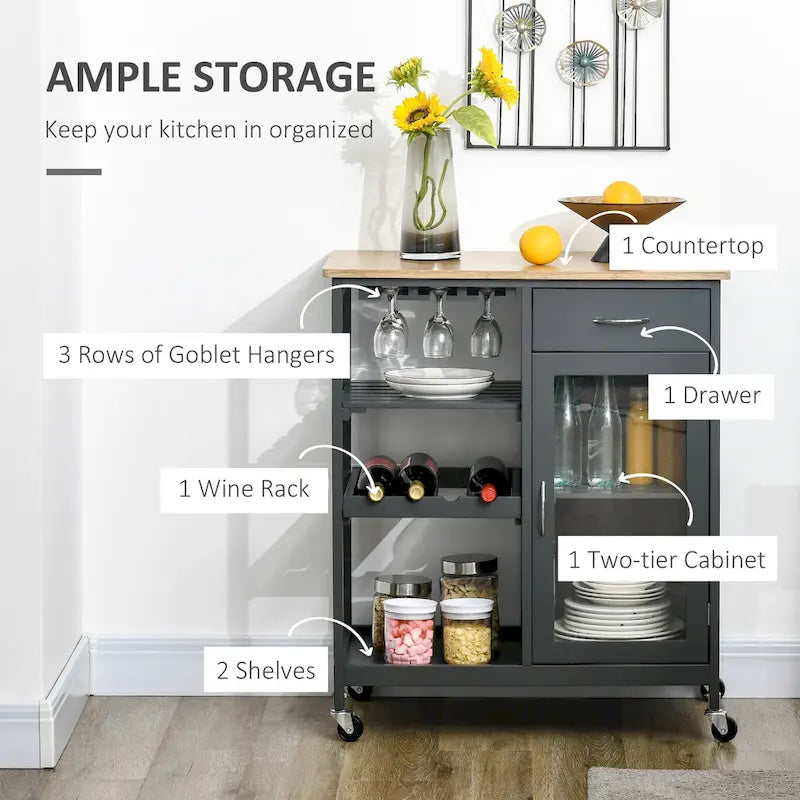 HOMCOM Utility Kitchen Cart, Rolling Kitchen Island Storage Trolley