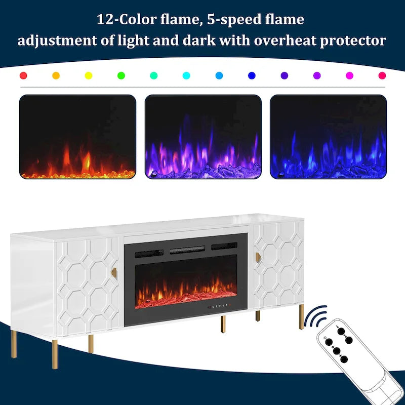Clihome High Gloss Storage 70 TV Stand with 36 Electric Fireplace