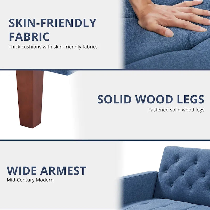 Divano letto futon in velluto da 74 pollici, divanetto convertibile con schienale regolabile, divano letto con gambe affusolate in legno per piccoli spazi
