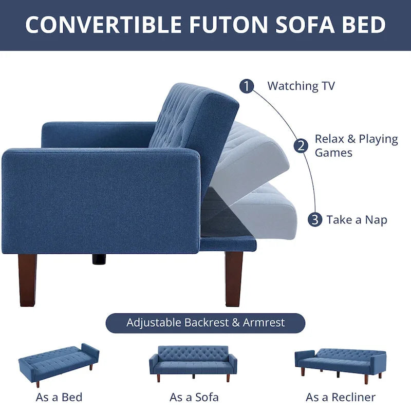 Divano letto futon in velluto da 74 pollici, divanetto convertibile con schienale regolabile, divano letto con gambe affusolate in legno per piccoli spazi