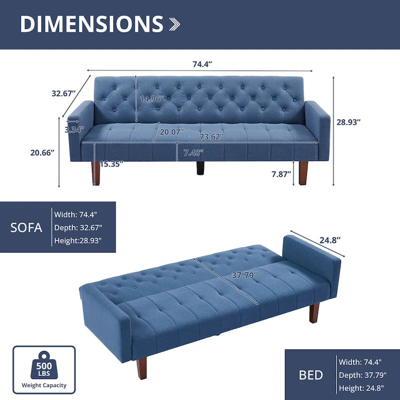Divano letto futon in velluto da 74 pollici, divanetto convertibile con schienale regolabile, divano letto con gambe affusolate in legno per piccoli spazi