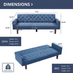 Divano letto futon in velluto da 74 pollici, divanetto convertibile con schienale regolabile, divano letto con gambe affusolate in legno per piccoli spazi
