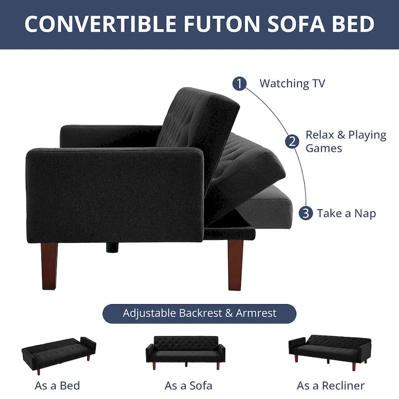 Divano letto futon in velluto da 74 pollici, divanetto convertibile con schienale regolabile, divano letto con gambe affusolate in legno per piccoli spazi