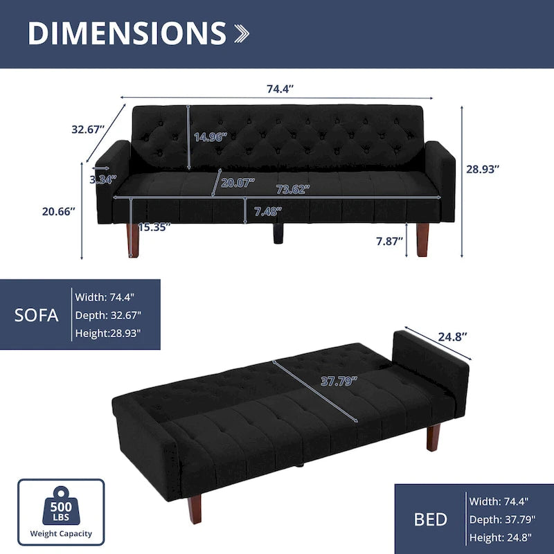 Divano letto futon in velluto da 74 pollici, divanetto convertibile con schienale regolabile, divano letto con gambe affusolate in legno per piccoli spazi