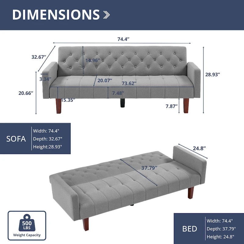 Divano letto futon in velluto da 74 pollici, divanetto convertibile con schienale regolabile, divano letto con gambe affusolate in legno per piccoli spazi