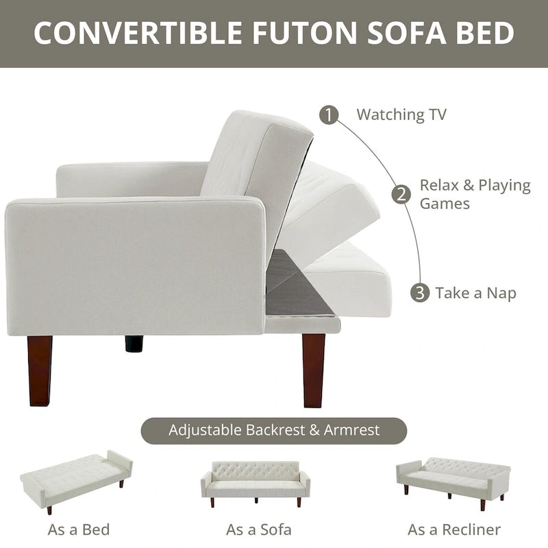 Divano letto futon in velluto da 74 pollici, divanetto convertibile con schienale regolabile, divano letto con gambe affusolate in legno per piccoli spazi