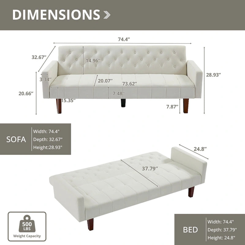 Divano letto futon in velluto da 74 pollici, divanetto convertibile con schienale regolabile, divano letto con gambe affusolate in legno per piccoli spazi
