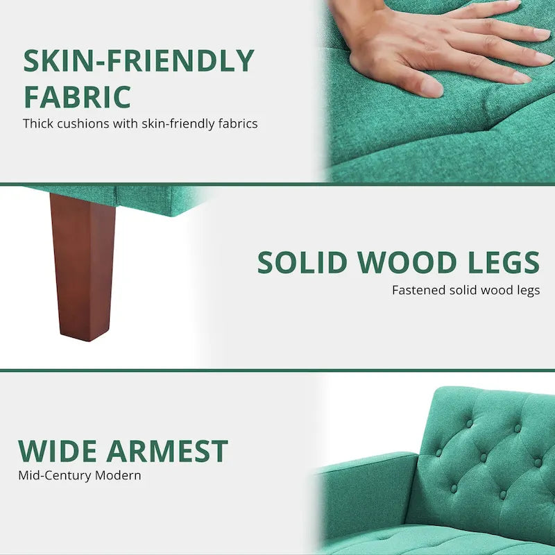 Divano letto futon in velluto da 74 pollici, divanetto convertibile con schienale regolabile, divano letto con gambe affusolate in legno per piccoli spazi