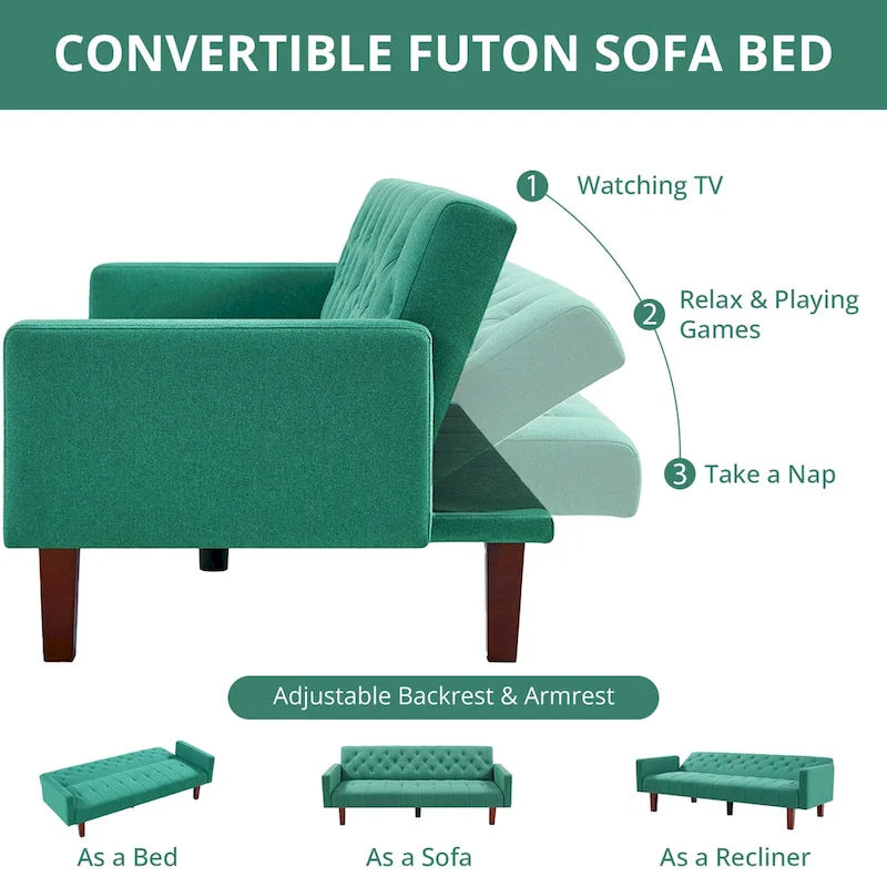 Divano letto futon in velluto da 74 pollici, divanetto convertibile con schienale regolabile, divano letto con gambe affusolate in legno per piccoli spazi