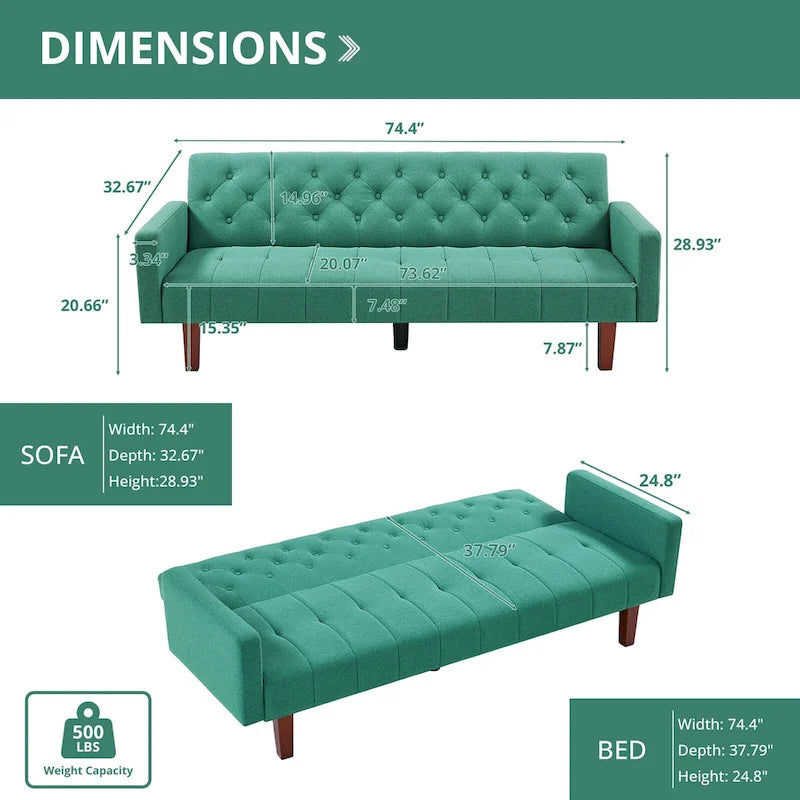 Divano letto futon in velluto da 74 pollici, divanetto convertibile con schienale regolabile, divano letto con gambe affusolate in legno per piccoli spazi