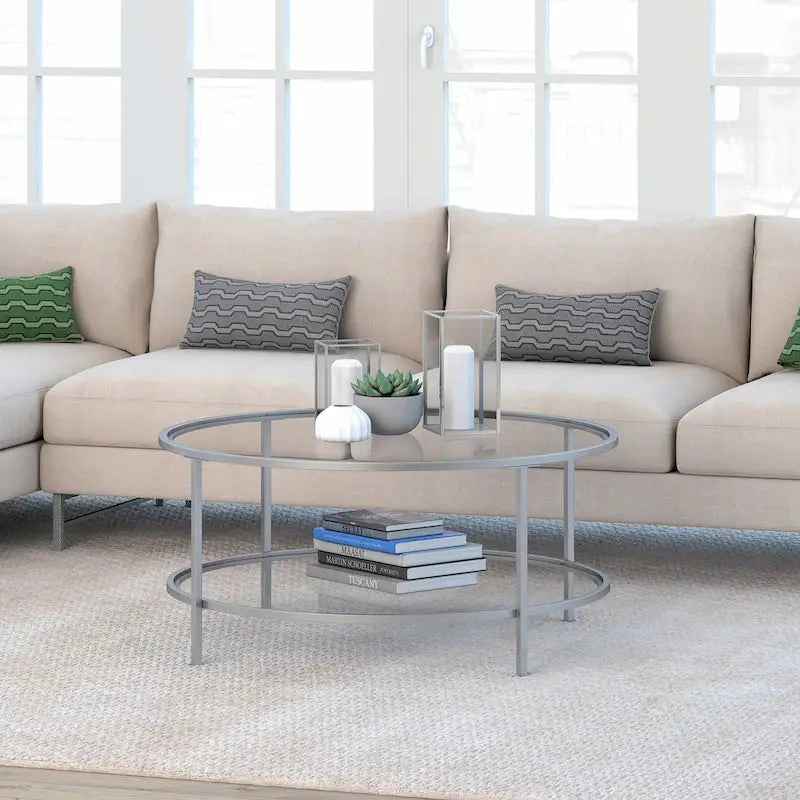 Sivil 36 Wide Round Coffee Table with Glass Top - 36 Wide